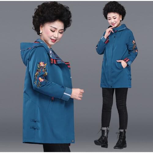 Middle-aged Mother Autumn Trench Coat 2021 Embroidery Loose Hooded Trench Coat Plus size 5XL Female Casual Zipper Lining Outwear