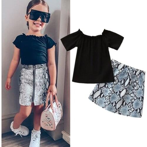 1-6 Years Summer Girls Clothes Sets Short Sleeve Ribbed Off Shoulder Tops and Snakeskin Print Skirt for Vacation Birthday Party