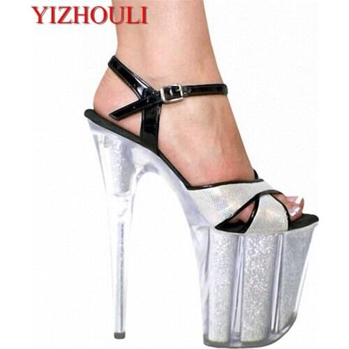 20cm crystal platform sexy ultra high heels classic bordered glitter sandals 8 inch Madonna clubbing high heels