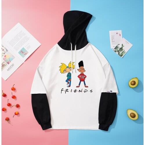 Y2k Womens Hooded Sweatshirt Casual Loose False 2PC Tops Unisex Crative Cartoon Three Good Friends Harajuku Kawaii Mens Hoodie