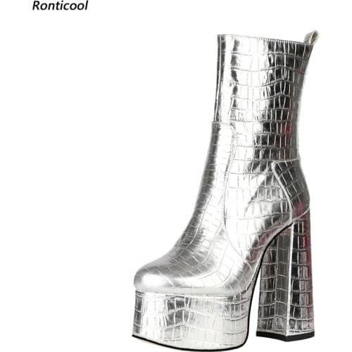 Ronticool Women Winter Platform Ankle Boots Stone Side Zipper Block Heels Round Toe Black Silver Party Shoes Plus US Size 5-13