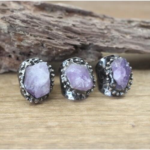 Raw Amethysts Gunmetal Rings Irregular Quartz Druzy Ore Stone Adjustable Ring Fashion Men/Women Jewelry Dropshipping,QC4086