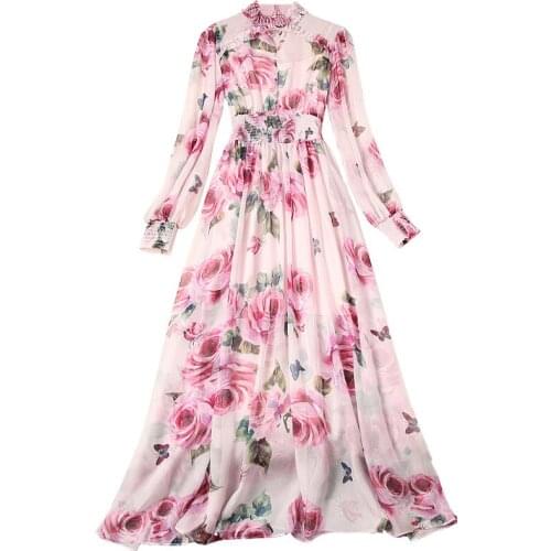 Women Vacation Beading Dresses Runway Fashion Design Long Sleeve Holiday Boho Elegant Chiffon Flowers Printed Long Dress