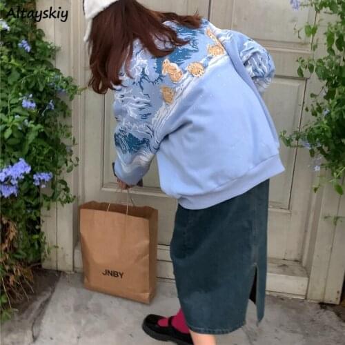 Hoodies Women All-match 2XL Kawaii Lovely Pullovers Plus Velvet Thicker BF Warm Spring Blue Stylish Loose Vintage Ulzzang O-Neck