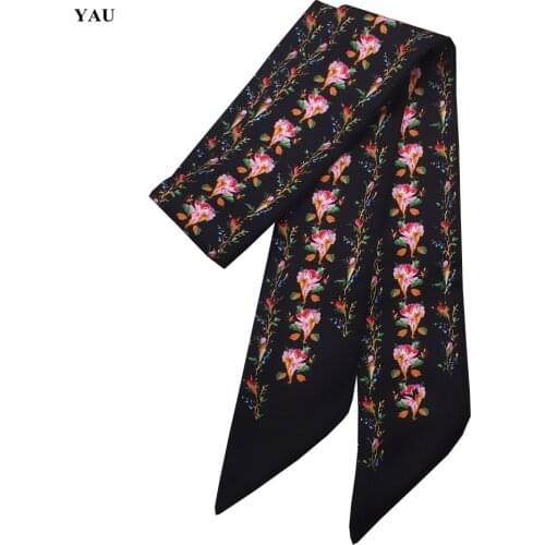Free Shipping 95cm*5cm Flower Leaves Printed Small Scarf Women Twill Silk Scarf Headband Long Scarves Bag Accessories Ribbon