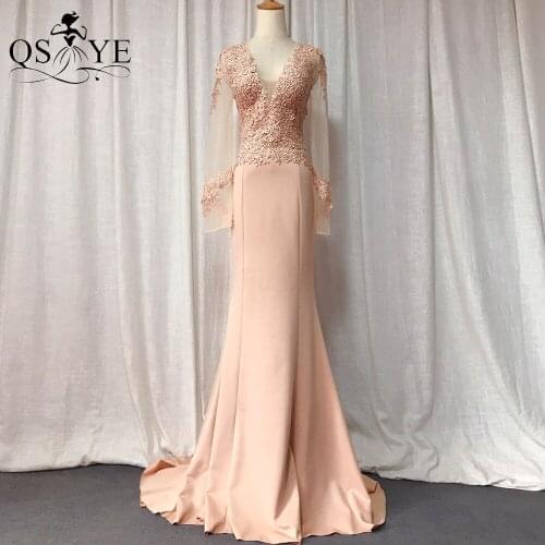 Long Sleeves Champagne Prom Dresses Stretch Mermaid Women Formal Party Gown V Neck Appliques Sequin Lace Evening Dress Vestido
