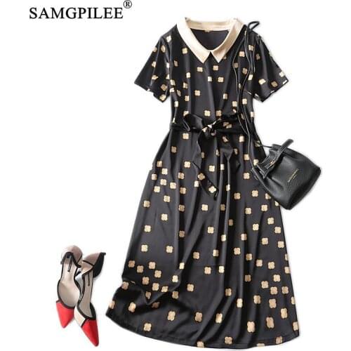 Dress 2021 Summer New Fashion Flowers Pattern Retro Drape Satin Peter Pan Collar European Style Printing Women Dresses Vadim