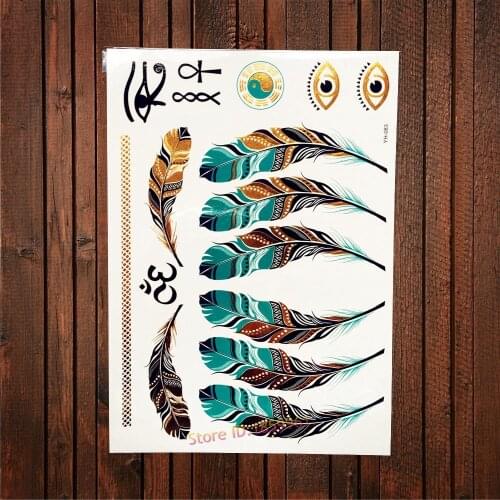 1PC New Gold Black Temporary Tattoo Sticker Indian Tribal Green Feather Eye Of God Design Waterproof Henna Tattoo Body Art AYH83