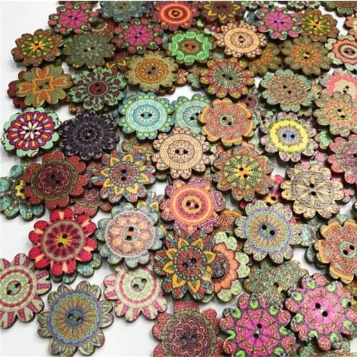 250PCS 20/25mm Retro Flower Buttons DIY Random Wooden Buttons Sewing Scrapbooking Accessories 2 Holes Decorative Button