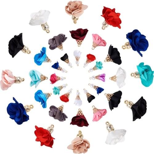 84pcs Cloth Fribric Flower Tassel Pendants Charms with ABS Imitation Pearl For DIY Earring Jewelry Making Findings Mixed Colors