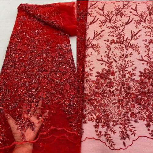 African Lace Fabric with beads and sequins Nigerian Tulle Lace Fabric High Quality J-698882 For Dress Wedding