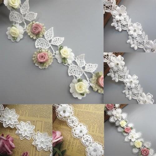 1yard White Pearl Bead Leaf Flower Lace Edge Trim Ribbon Fabric Embroidered Applique Sewing Craft Crochet Wedding Dress Clothes