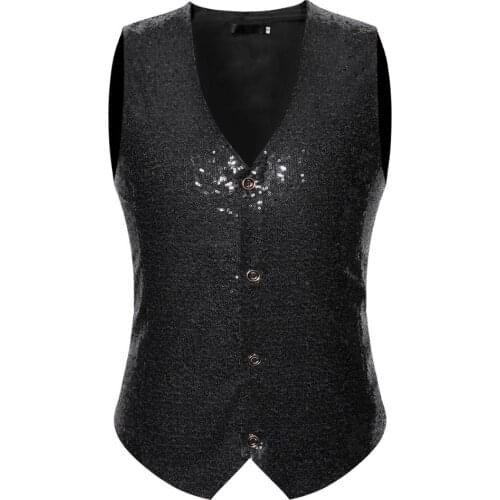 Shiny Black Sequin Tuxedo Vest Men Wedding Groom Singer Prom Glitter Vest Vestcoat Men DJ Club Stage Bar Singer Gilet Homme XXL