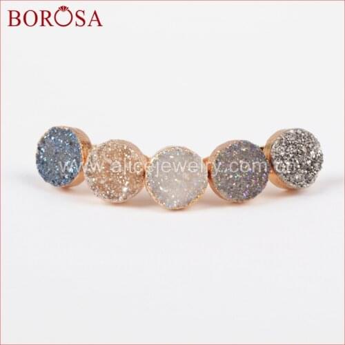 BOROSA 5pcs New Design Gold Color 10mm Round Natural Crystal Druzy Titanium Mix Color Druzy Stud Earrings G0911