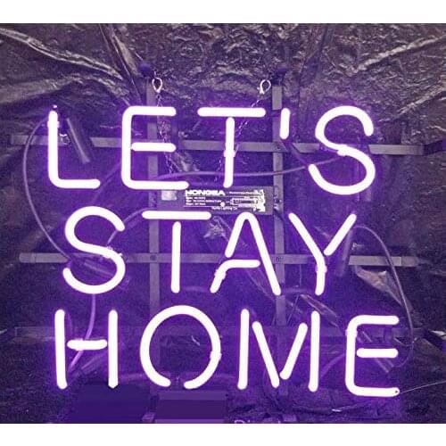 14“x10" Lets Stay Home Purple Neon Light Lamp Sign Beer Bar Handmade Real Glass Decorate Home Wall Room Windows Tube Artwork