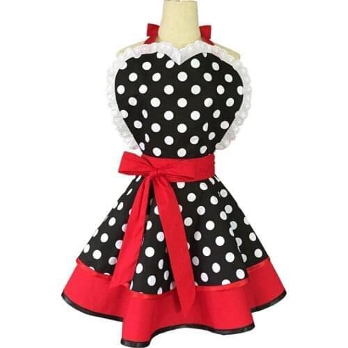 XiuMood Apron Cute Double Layer Cotton White Dots Fabric Skirt Home Kitchen Cooking Aprons For Woman Adult Bibs