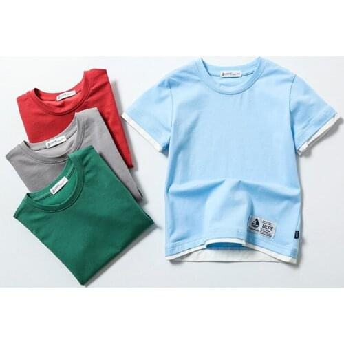 BBD Toddler T-Shirt High Quality New Kids Summer Cotton Fake Two-Piece Short-Sleeved Active Tops Boys Solid Color Clothes