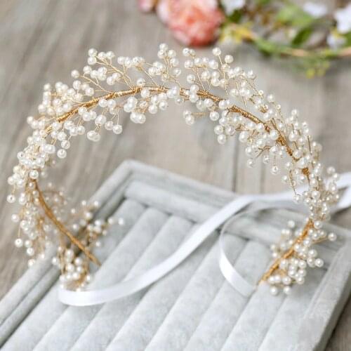 Jonnafe Handmade Pearl Bridal Headband Hair Vine Gold Wedding Tiara Hair Accessories Crystal Women Jewelry Headbands