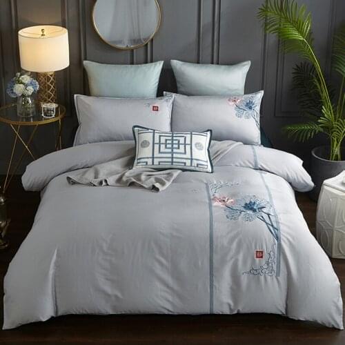 Chinese Style Blue 100% Cotton Sanding Printed Flower Bedding Set Embroidered Bed Sheet Duvet Cover Pillowcase Queen King 4pcs