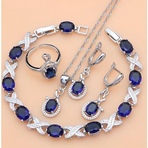 Fashion Women Blue sapphire Silver 925 Jewelry Sets Long Earrings with Stone Gift For Her luxury Bracelet Wedding necklace set