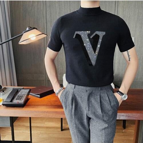 Summer New Hot Diamond Pattern Knitted T-Shirt Sweater Comfortable Cashmere Short-Sleeved Mens High-End Brand Pullover