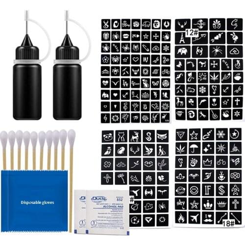 2 Bottles Tattoo Juice Ink Fruit Temporary Semi Permanent With 175Pcs Henna Stencils Set for Body Paint Waterproof Tattoo Ink