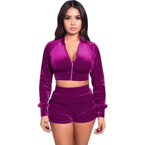 Solid Velvet Tracksuits Women Sexy Lounge wear Long Sleeve Zipper Crop Top + Biker Shorts Bodycon Two Piece Set Joggings Femme