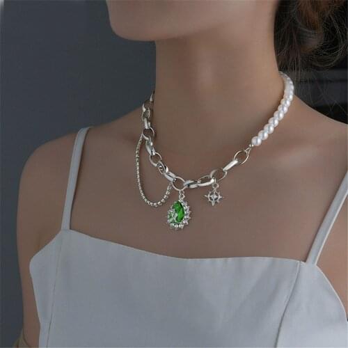 Retro Original Design Necklace Dark Black Rhinestone Stitching Pearl Cool Girl Street Fashion Trend Necklace