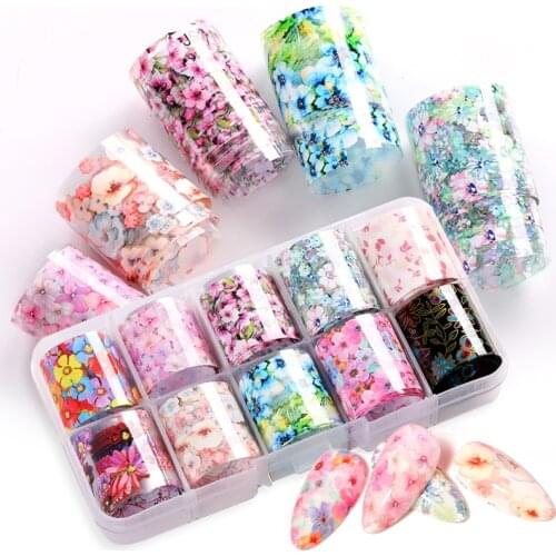 10 Design/set Butterfly Nail Foil Stickers Flower Leaf Tree Summer Mix Florals Transfer Decals Nail Art Accessories