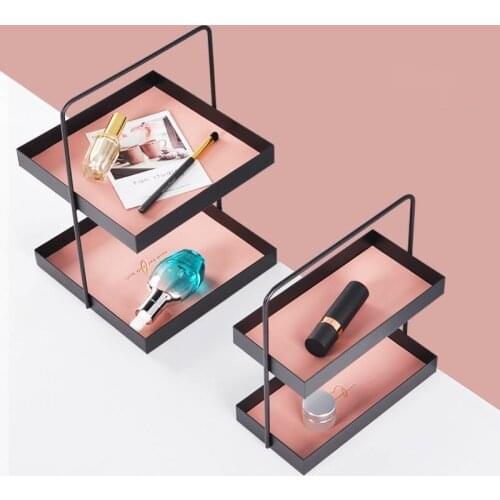 Double layer leather cushion metal storage tray porch storage tray sundries cosmetics jewelry finishing tray jewelry organizer
