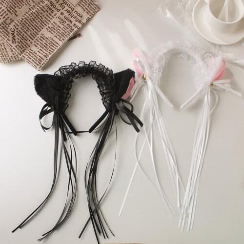Girls Plush Cat Ears Head Band Lace Bow Ribbon Hairbands Lolita Headband Headwear Hair Hoops Scrunchies Cosplay Hair Accessories