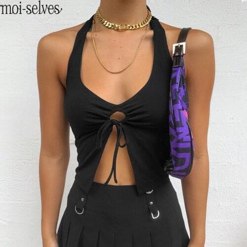 Sexy Sleeveless Drawstring Slim Fit Crop Top Club Summer Camis Streetwear 2021 Fashion Women Lace Up Halter Black Tank Tops