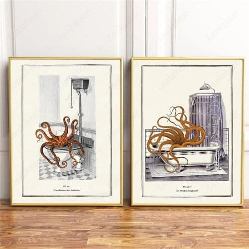 Surreal Octopus Funny Posters and Prints Vintage Gothic Steampunk Wall Art Octopus Canvas Painting Pictures Bathroom Wall Decor