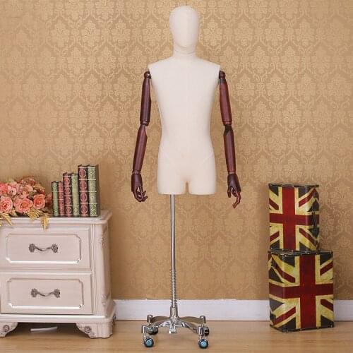 Modern Fabric Wooden Hands, Male Half Upper Body Mannequin With Head Male Manikin for Clothings Display