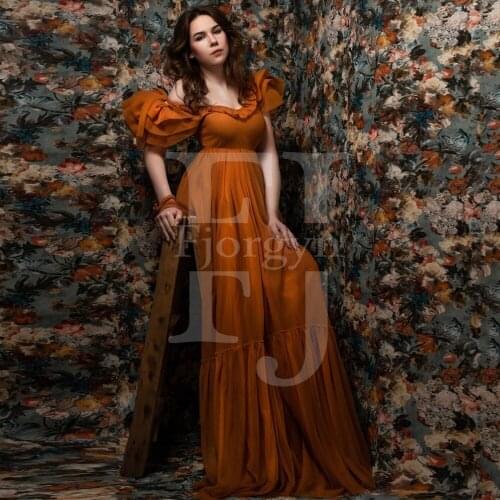Vintage A-Line Brown Chiffon Evening Party Dresses Custom Made V-Neck Tiered Short Sleeve Zipper Back Womens Summer Dress Prom