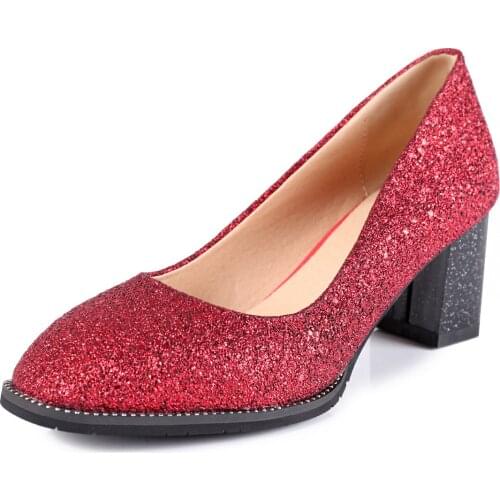 In the spring of 2018 the new sequins shallow mouth female high heels thick with size 32-44 yards bride shoes 18327 yards