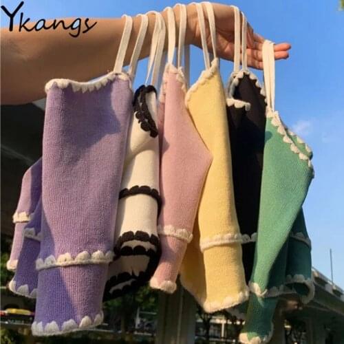 Women Ruffle Summer Knitting Short Camisoles Female Splicing Camis Street Ladies Spaghetti Crop Tops On Thin Straps Sleeveless