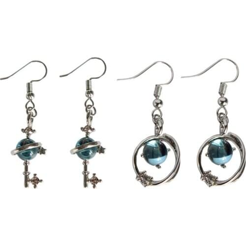 Korean Silver Color Transparent Crystals Blue Universe Planet With Hollow Circle Dangle Earrings For Women Girls Cute Brincos