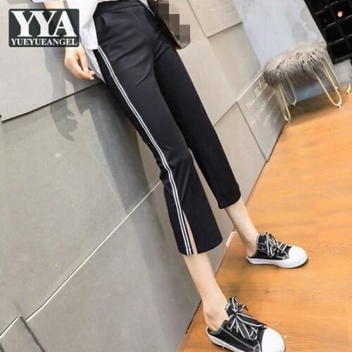 Summer Thin Section Women Sweatpants Fashion Split Elastic Waist Calf Length Striped Flare Pants Female Street Casual Trousers