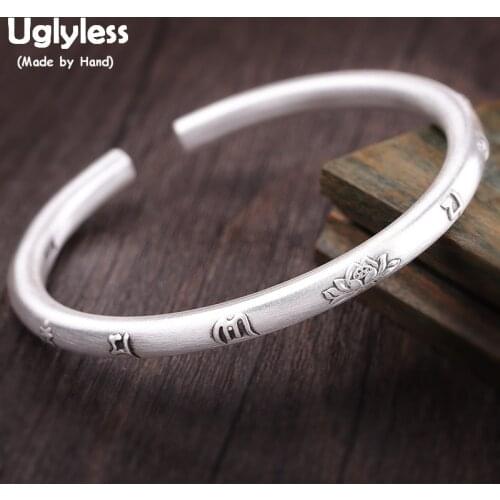 Uglyless Real 999 Pure Silver Bangles for Women Buddhistic Mantra Open Bangles Thai Silver Lotus Fine Jewelry Religious BA747