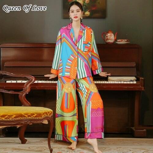 New 2021 Women Summer Fashion Runway Silk Pants Set Long Sleeve Blouse And High Waist Wide Leg Pants 2 Two Pieces Suit Outfits