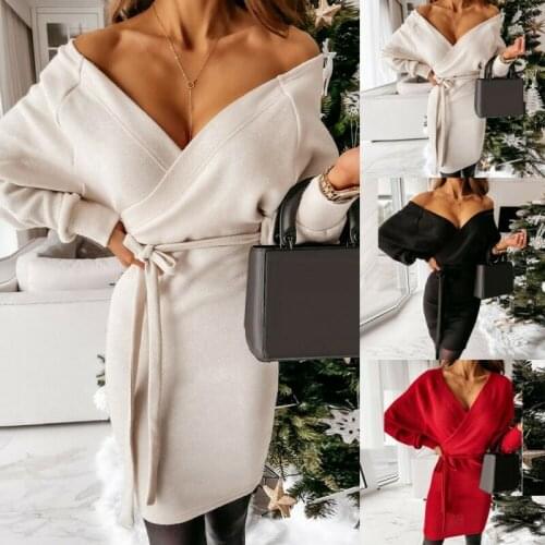 Womens Sexy Wrap Deep Bodycon Mini Dress Ladies Long Sleeve Evening Party Dress