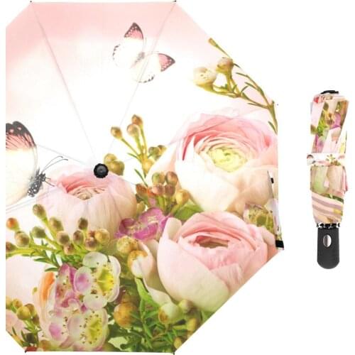 Beautiful Pink Roses and Butterfly Umbrella Rain Women Gift Three Folding Umbrellas Windproof Automatic Portable Travel Umbrella