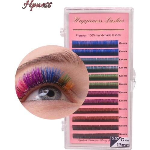 12Rows/Tray Colors False Eyelash Extensions 0.07 C/D Curl Natural Colours Long Rainbow Lashes Extension Free Shipping