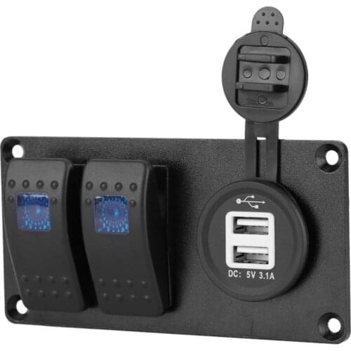 2 Gang 12-24V Blue LED Rocker Switch Panel with 3.1A Dual USB Port for Car RV Marine Boat Rocker Switch Panel
