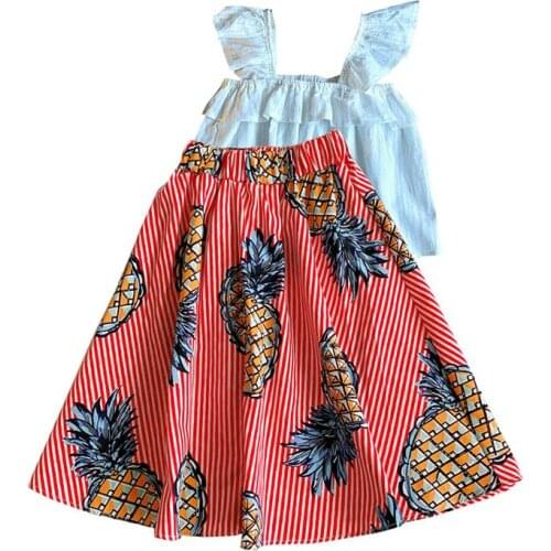 2pc/sets Summer Girls Ruffles Clothing Kids Cotton Sling T-shirt Tops+Fruit Printed Skirt Little Girl Striped Beach Suit Clothes