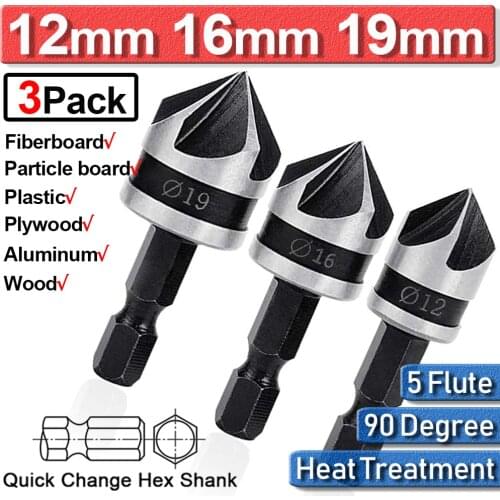 3pcs/set 12/16/19mm 1/4" Hex Countersink Drill Bit Set Quick Change Shank Wood Metal Bore Set Hexagonal Shank Drill Bit Set D30