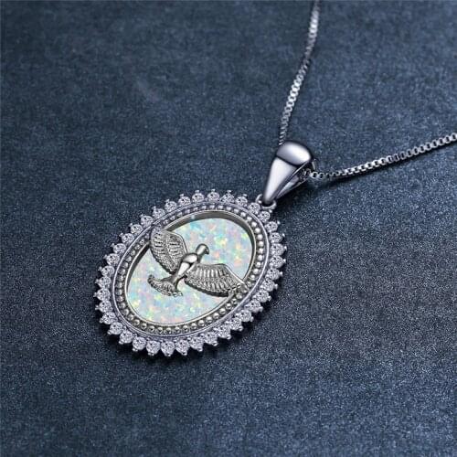 White Blue Opal Big Oval Stone Necklace Creative Peace Dove Pendant Necklace Vintage Boho Silver Color Chain Necklaces For Women