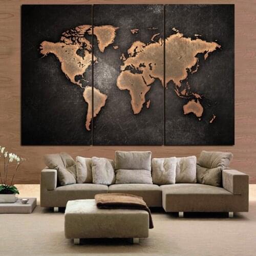 3Panel Prints Large Vintage World Map Abstract Oil Painting on Canvas Art Sofa Modular Wall Picture For Living Room Unframed