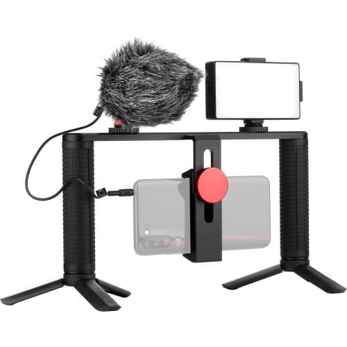 Dual Handheld Phone Cage Smartphone Vlog Video Stabilizer Grip+LED Video Light+Mic+Tripod+3.5mm TRS to TRS/TRRS Audio for Vlog